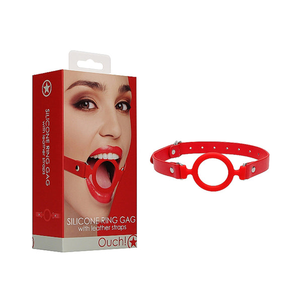 Ouch Silicone Ring Gag With Leather Straps - Red