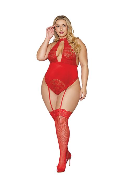 STRETCH LACE & VELVET GARTER TEDDY LIPSTICK RED Q/S