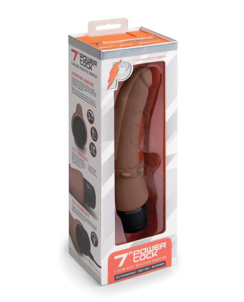 Powercocks 7' Slim Anal Realistic Vibrator - Dark Brown
