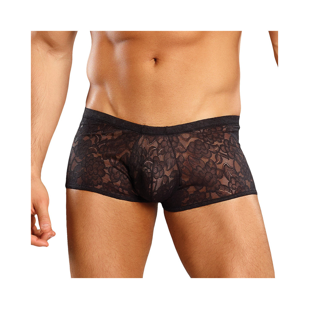Male Power Stretch Lace Mini Shorts Black Large