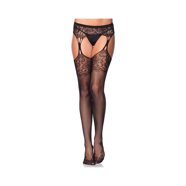 Lace Top Fishnet Stocking Cuban Heel & Tear Drop Garterbelt O/S Black